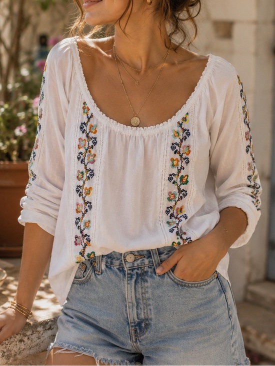 J. Jill Tops - J. Jill White Peasant Blouse Multicolor Floral Embroidery Hippie Boho Indie